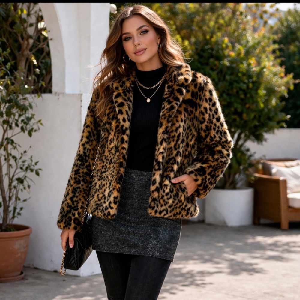 Zara Leopard Print Faux Fur Bomber Jacket - Brown, Black - Picture 7 of 7